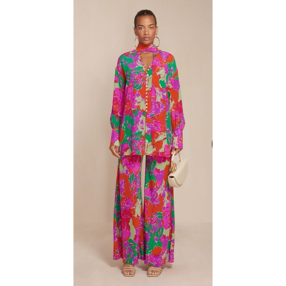 Cult Gaia Tunic Top Medium Silk Pink Floral Buttons Aline Flowy Blouse
